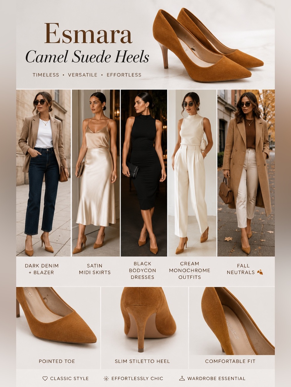 Esmara Camel Suede Pointed Toe Heels | Size 7 | Classic Neutral Pumps